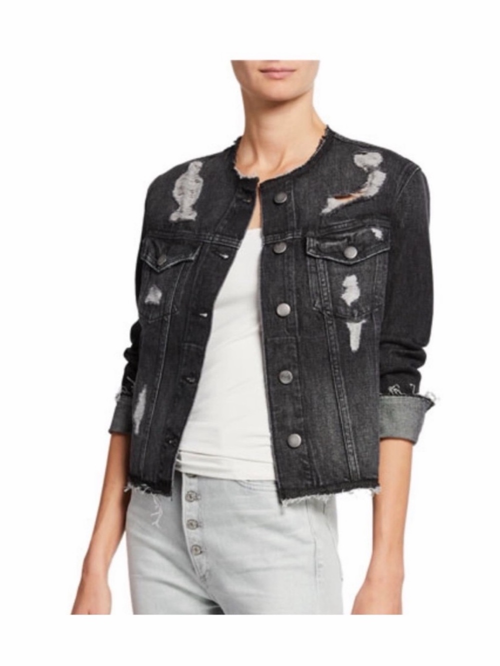 Frame Denim Black Distressed Cropped Jean Jacket